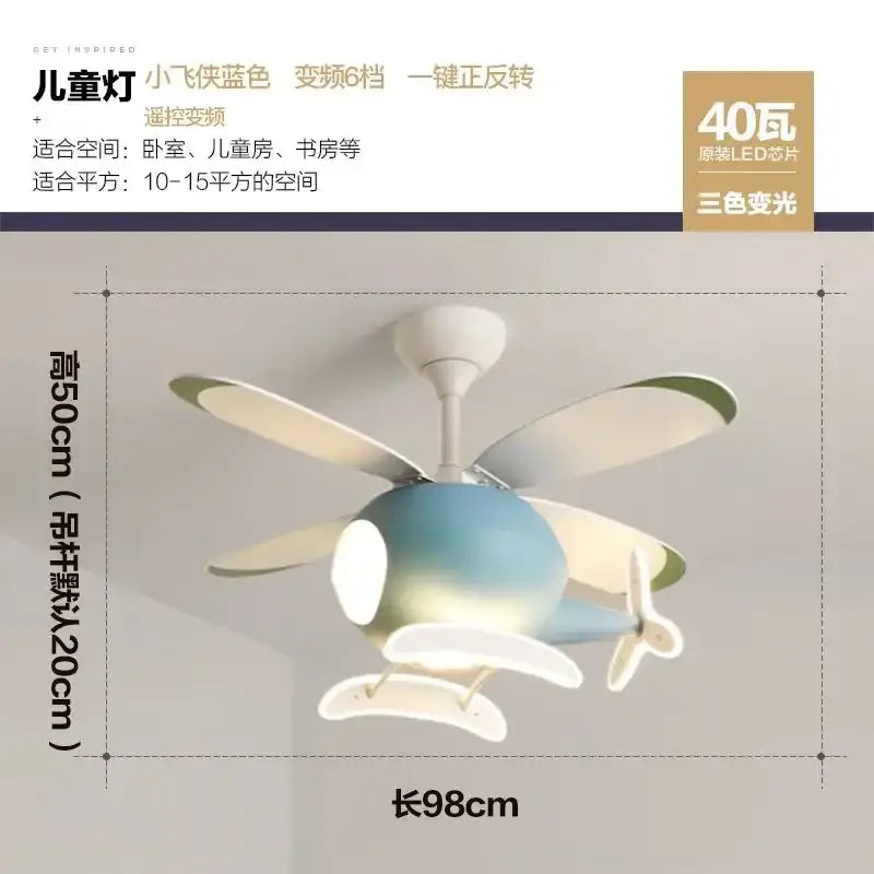 Modern blue and white helicopter ceiling fan with led light chandelier featuring gradient finish and white propellers for bedroom