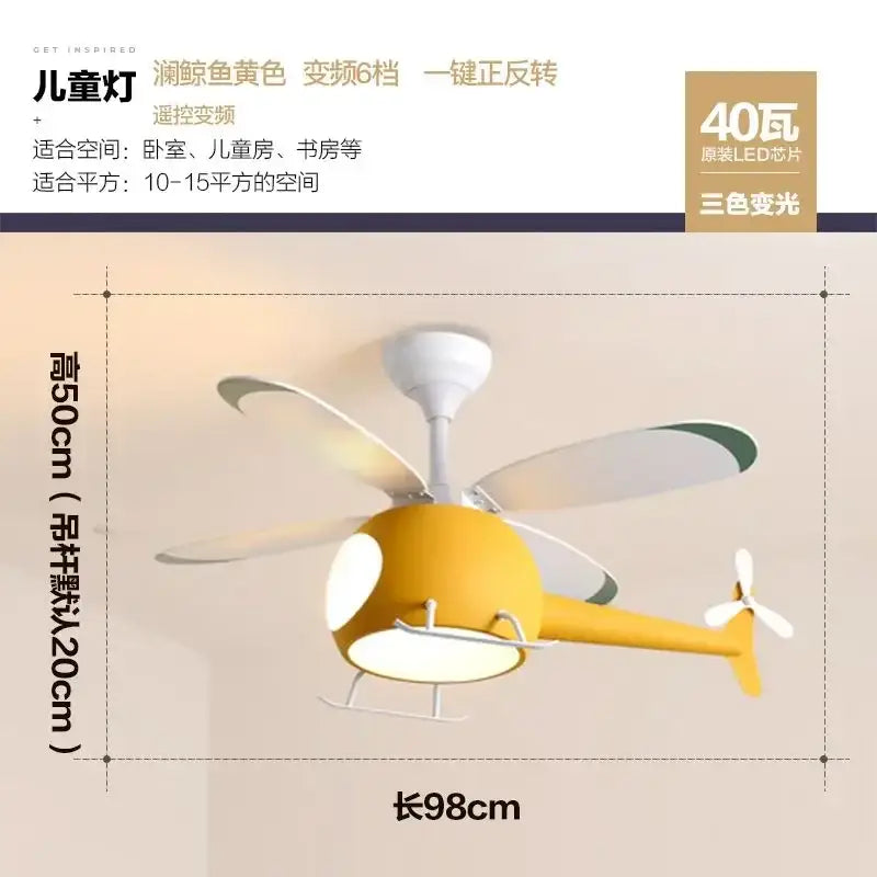 Yellow helicopter-shaped ceiling fan with white accents and led light chandelier for modern bedroom decor