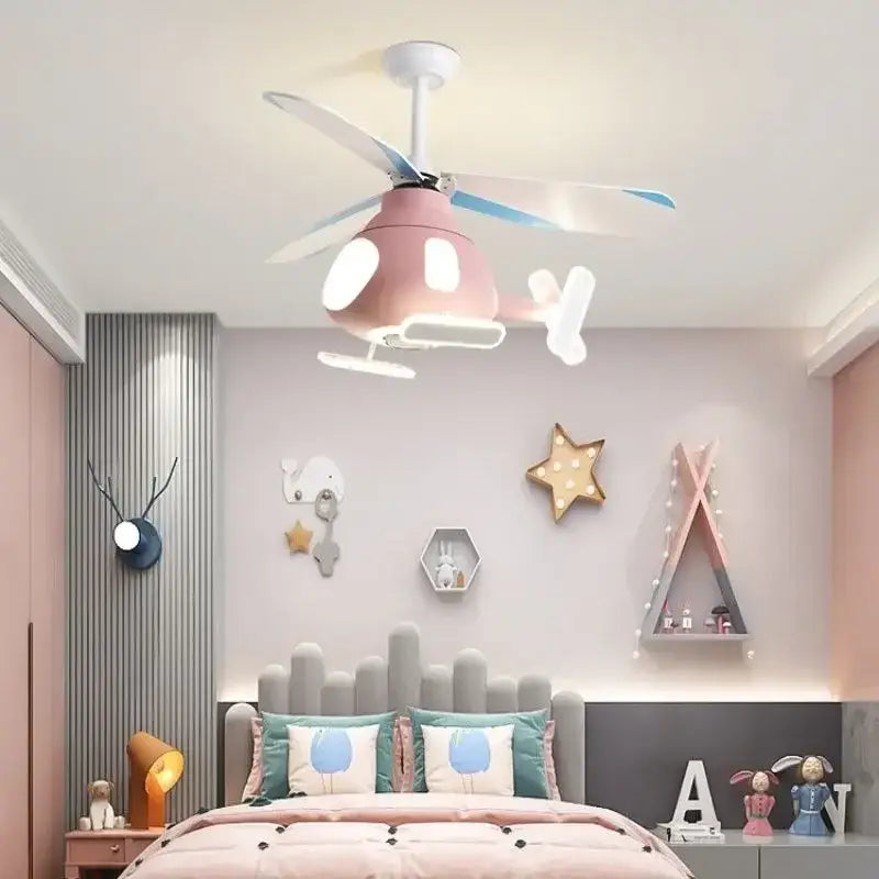 Pink helicopter-shaped ceiling fan with white and blue accents featuring led light chandelier for bedroom use