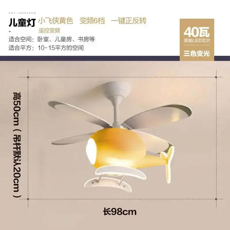 Yellow airplane-shaped ceiling fan with white propellers featuring 40w led light chandelier for bedroom use