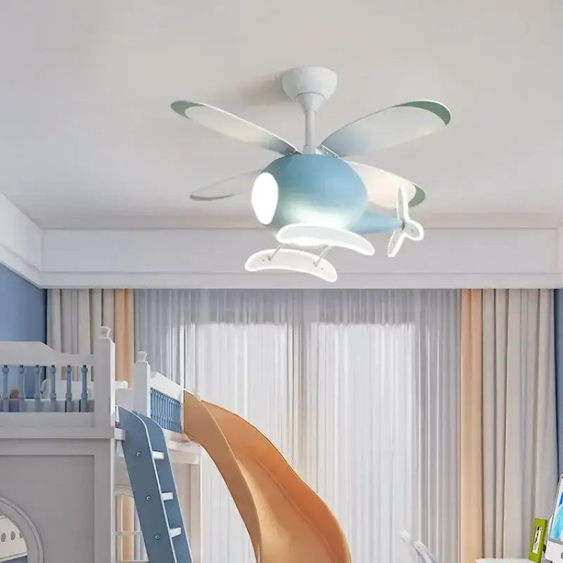 A modern light blue and white airplane ceiling fan with white propellers and led light chandelier for bedroom