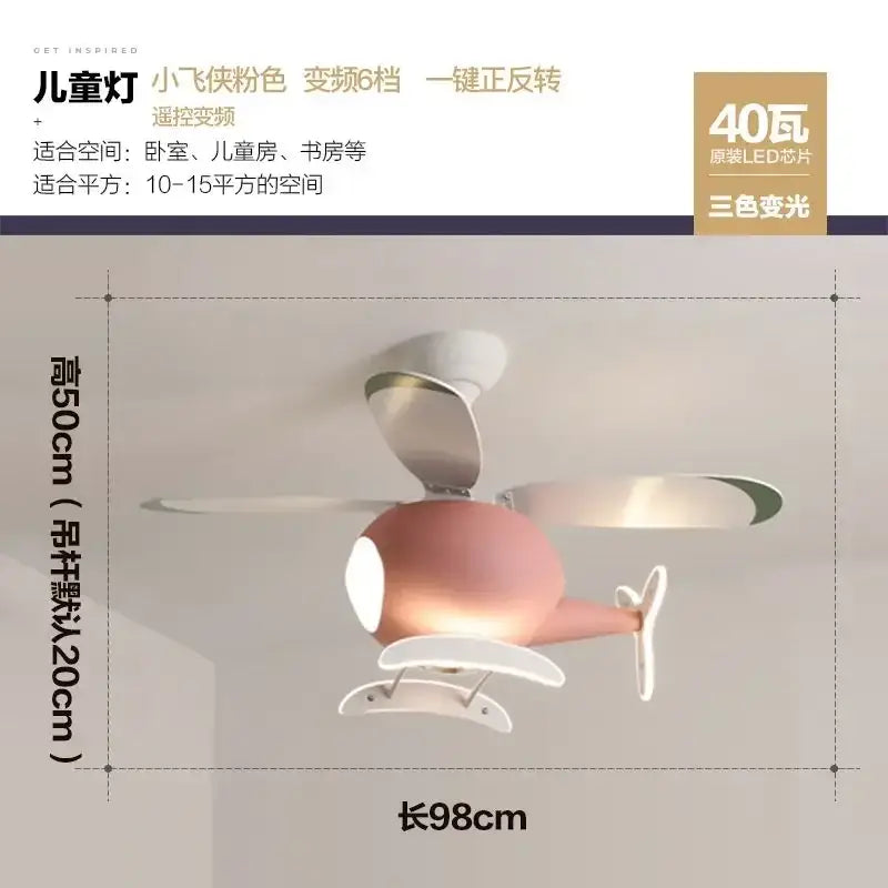 Modern pink helicopter ceiling fan with metallic blades and white accents featuring led light for bedroom use