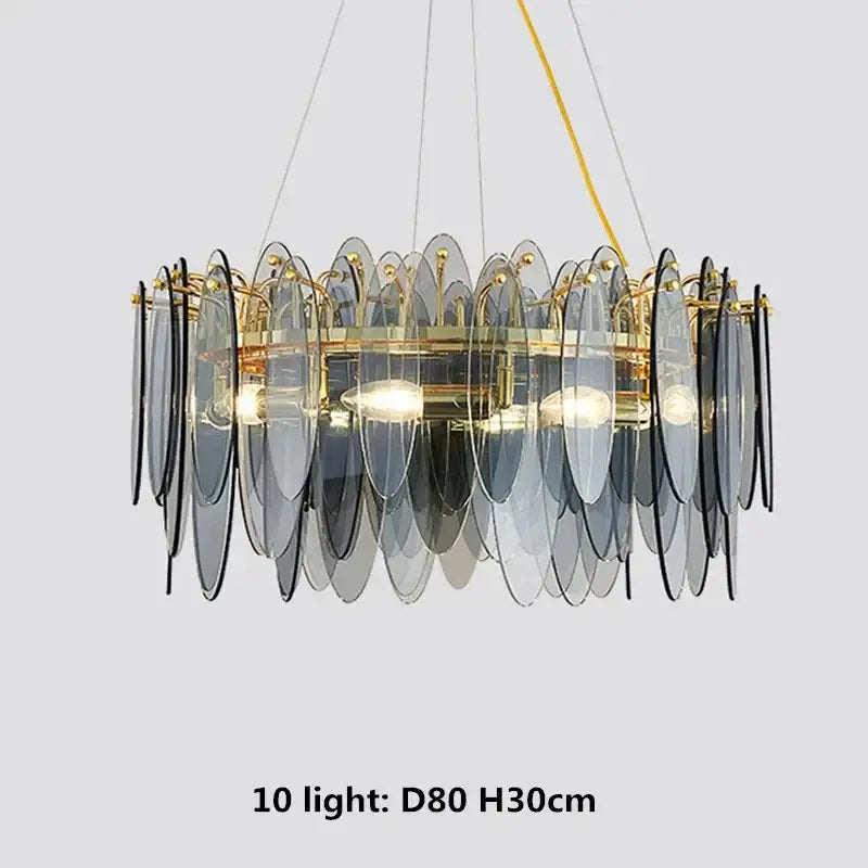 Elegant chandelier pendant lights with ten warm-toned bulbs, layered gray glass discs, and decorbites gold metal chain frame