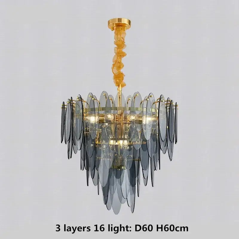 Elegant three-tiered pendant lights with layered gray glass leaves and decorbites gold metal chain suspension