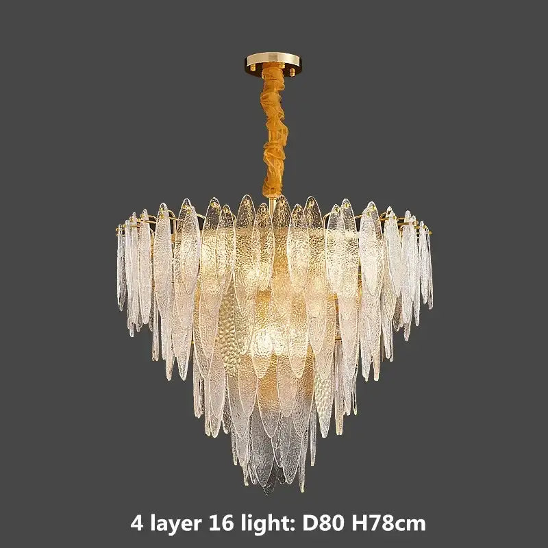Multi-tiered pendant lights with clear glass leaf shades and decorbites gold metal chain for modern living room decor