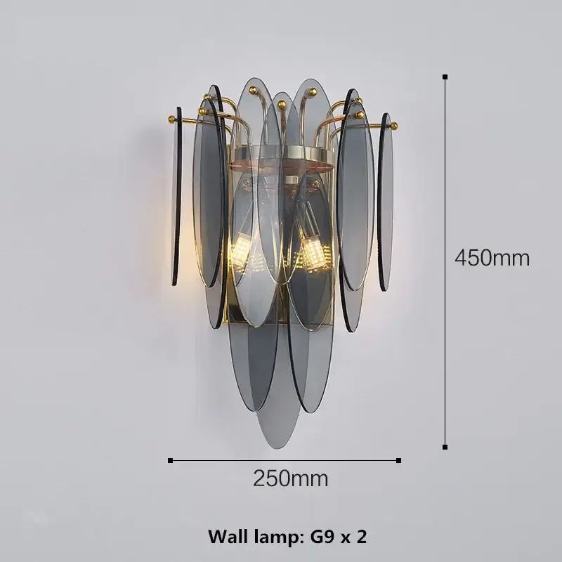 Elegant pendant lights with translucent gray glass leaves and decorbites gold metal chain featuring two g9 bulbs