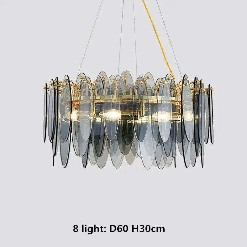 Modern pendant lights with decorbites gold metal chain featuring gold-toned circular frame and gray glass discs decor