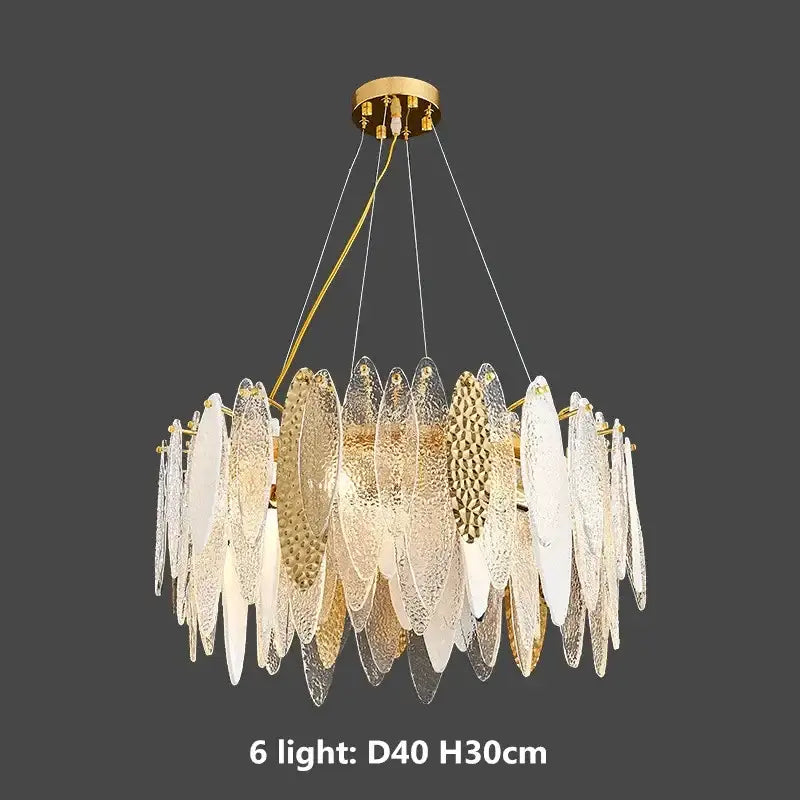Elegant pendant lights with layered textured glass leaves in gold metal chain by decorbites for modern living room decor