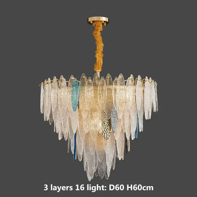 Elegant multi-tiered pendant lights with cascading blue white glass leaves and decorbites gold metal chain suspension