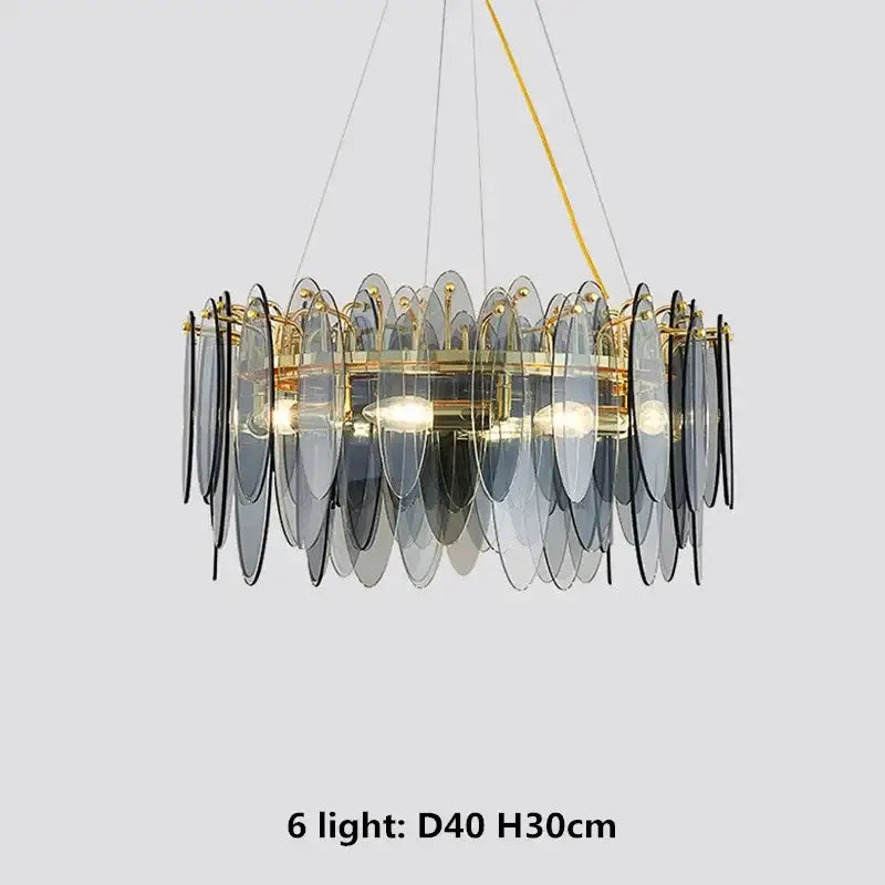 Elegant circular pendant lights with layered gray glass leaves and decorbites gold metal chain frame, six warm bulbs