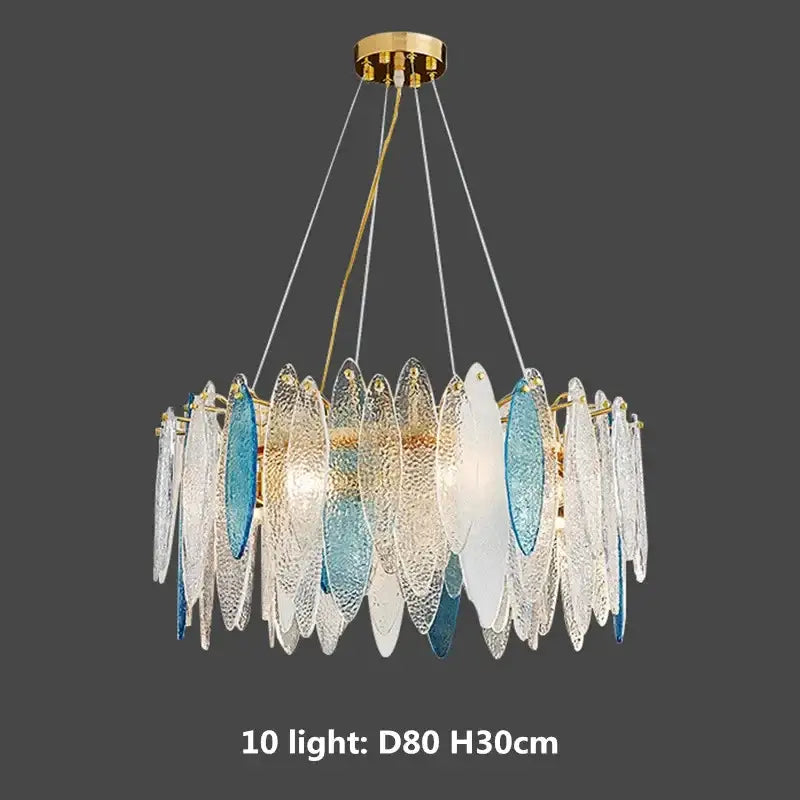 Modern blue and white leaf pendant lights with decorbites gold metal chain and translucent glass plates in gold metal frame