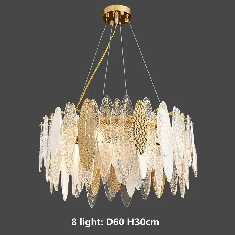 Modern blue and white leaf pendant lights with gold metal chain and decorbites gold metal layered glass discs chandelier