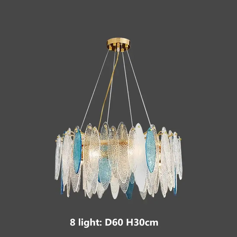 Modern pendant lights with gold metal chain featuring a gold-toned frame and blue white glass discs by decorbites gold metal