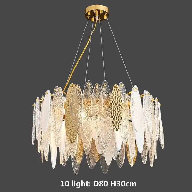 Modern blue and white leaf pendant lights with gold-toned chandelier featuring layered glass leaves and decorbites gold metal chain