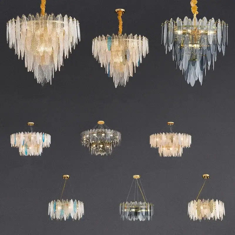 Elegant pendant lights with cascading blue white leaf glass pieces and decorbites gold metal chain for living room decor