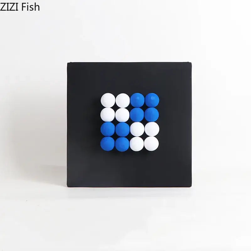 Modern blue and wood ball hanging wall decor features a black square board with white and blue spherical beads grid