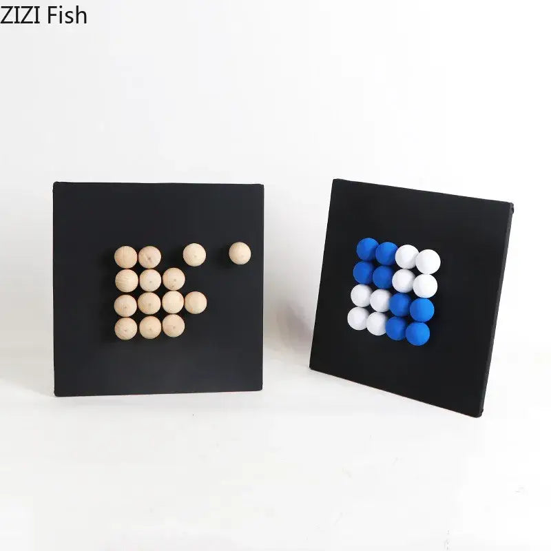Black square magnetic board with wooden and blue white foam balls arranged in modern ball hanging wall decorbites 3d ball design
