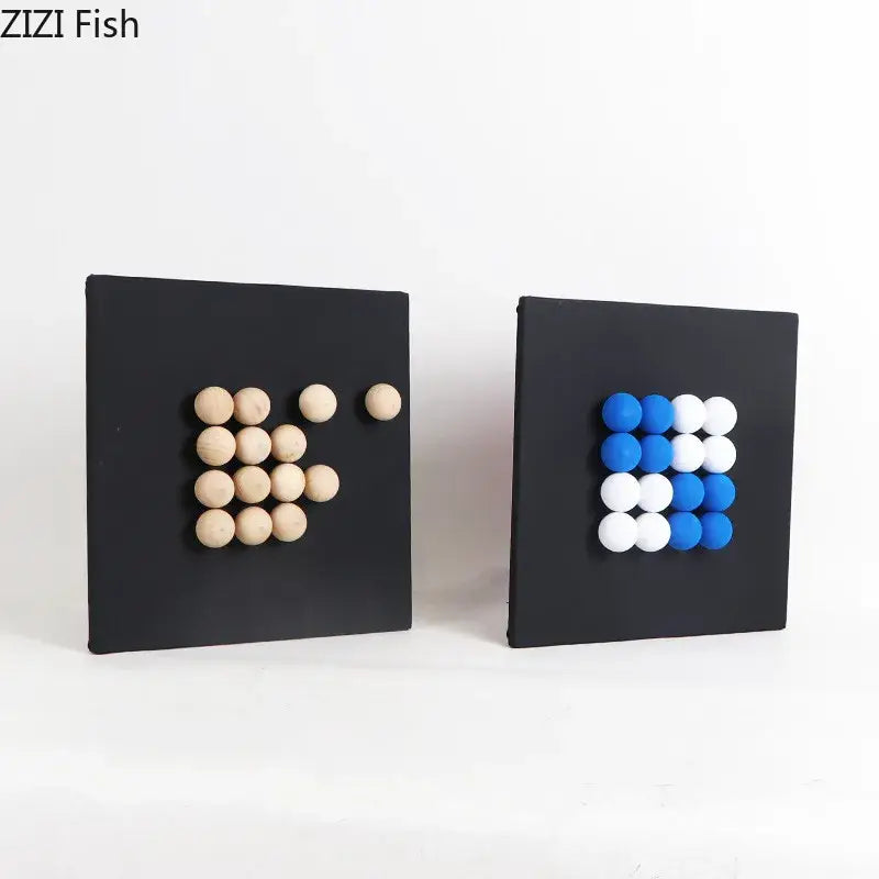 Modern blue and wood ball hanging magnetic board wall decor featuring blue white and wooden balls in fish shapes