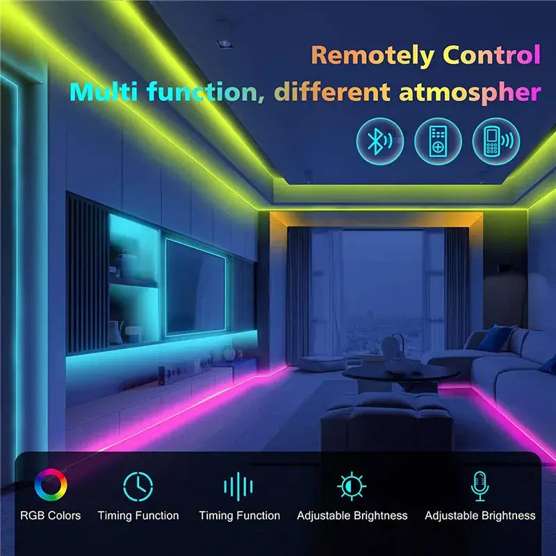 Modern decorbites bluetooth rgb led strip light with remote control displaying vibrant yellow and blue hues in bedroom edges