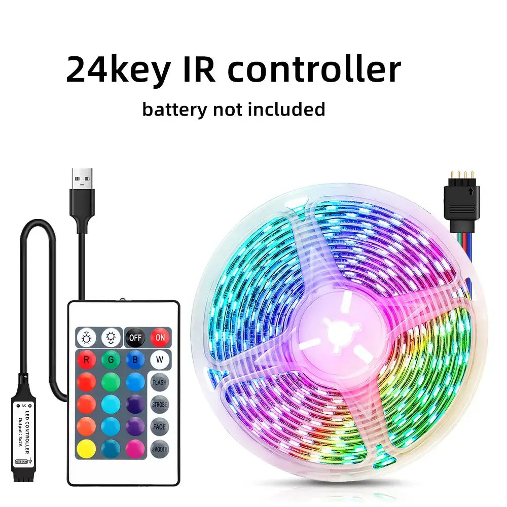 A vibrant decorbites bluetooth rgb led strip light with rainbow colors coiled in plastic roll and 24-key ir remote