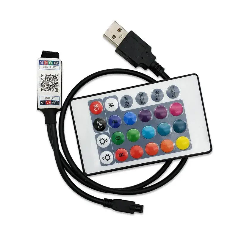 White remote control with colorful circular buttons and black usb cable for decorbites bluetooth rgb strip light use