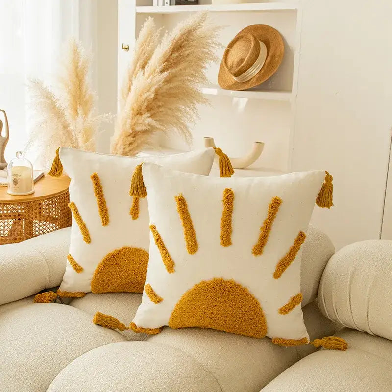 Cream-colored modern boho cushion cover with mustard-yellow sunburst embroidery tassels decorbites golden yellow geometric