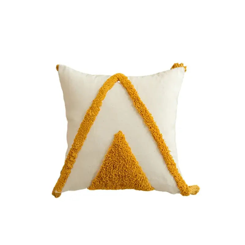 Cream-colored cushion cover with decorbites golden yellow geometric embroidery and tassels for modern boho living room decor