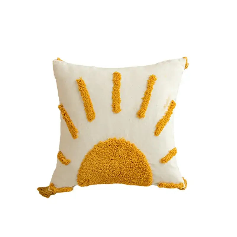 Cream-colored cushion cover with textured mustard-yellow sun design tassel trim for modern boho decorbites golden yellow decor