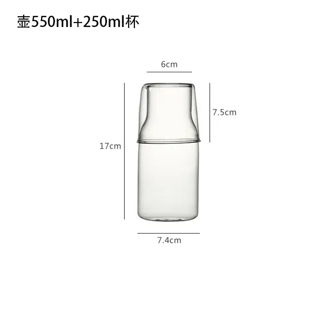 Modern borosilicate glass drinkware set with clear glass pitcher and matching 250ml cup for portable hydration