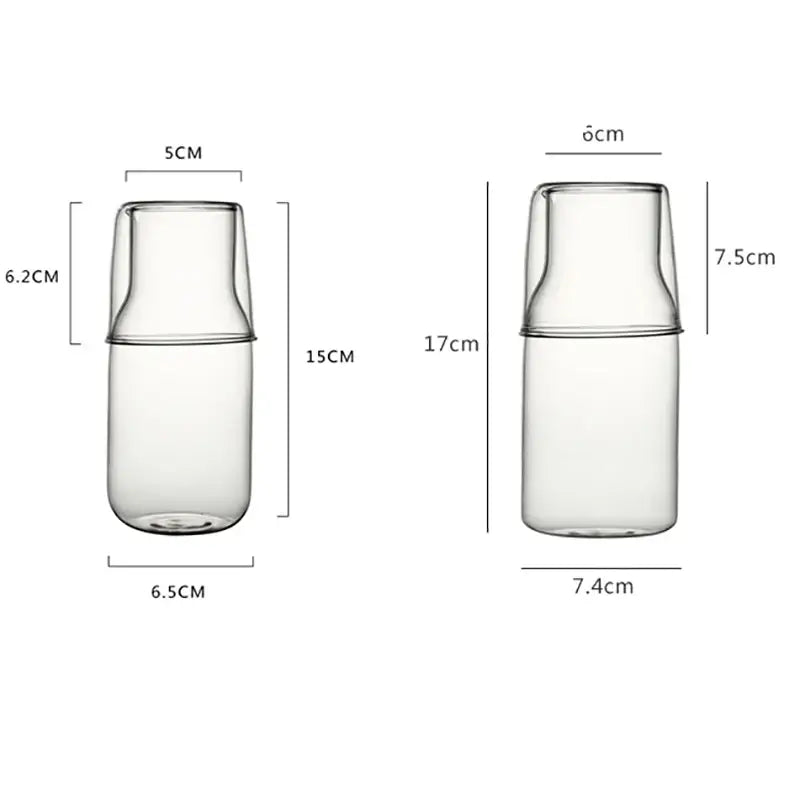 Modern borosilicate glass drinkware set featuring a clear glass carafe with matching lid and minimalist smooth contours