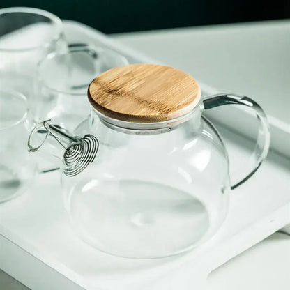 Modern borosilicate glass teapot with transparent borosilicate glass body, bamboo lid, and stainless steel spout for tea