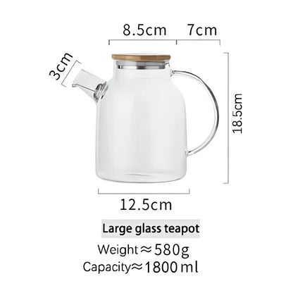 Modern borosilicate glass teapot with transparent borosilicate glass body and wooden handle for kitchen tea set use