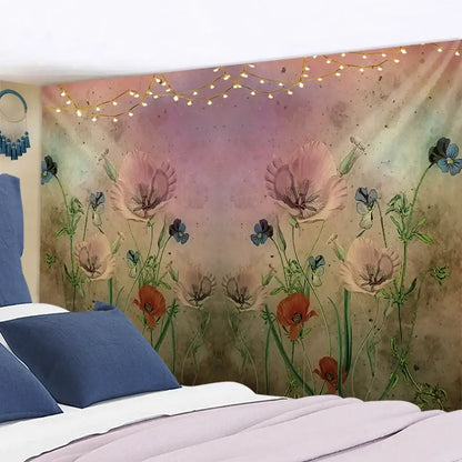 Modern botanical wildflower tapestry featuring soft pastel pink orange and blue poppies for bedroom decorbites botanical wildflower decor