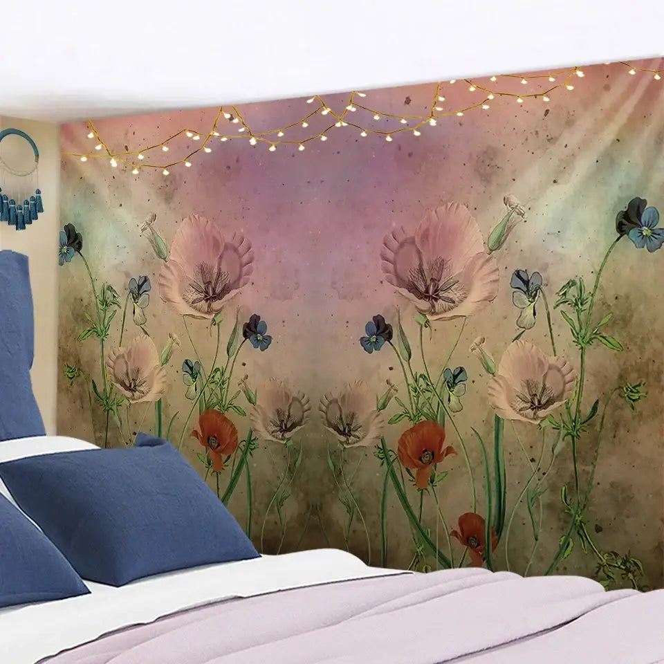 Modern botanical wildflower tapestry featuring soft pastel pink orange and blue poppies for bedroom decorbites botanical wildflower decor