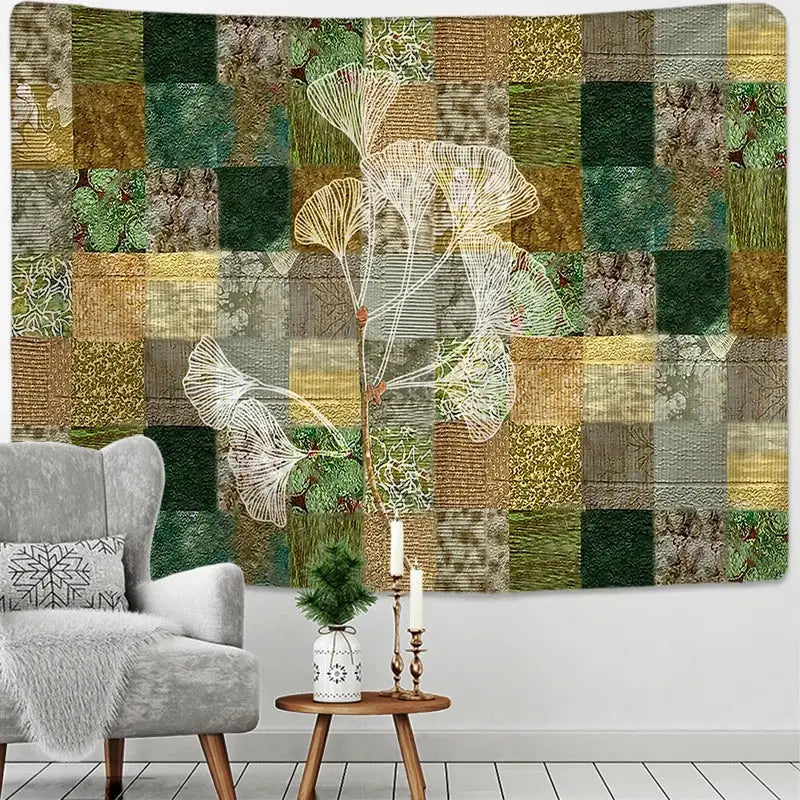 Modern decorbites botanical wildflower tapestry with white line-art ginkgo tree on textured green brown gold squares