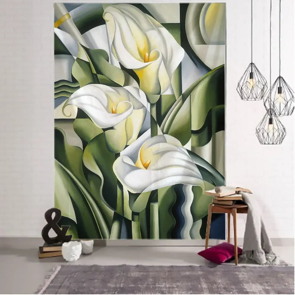 A decorbites botanical wildflower tapestry featuring white calla lilies with yellow centers on a geometric green background