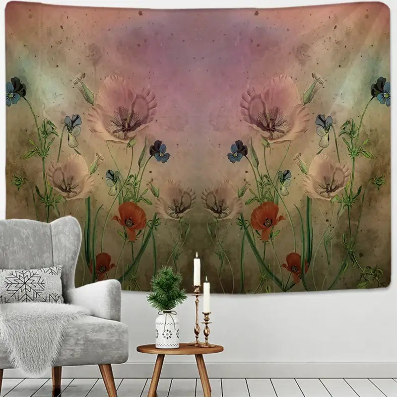 Modern botanical wildflower tapestry featuring delicate pink orange and blue poppies on a muted textured background decorbites botanical wildflower