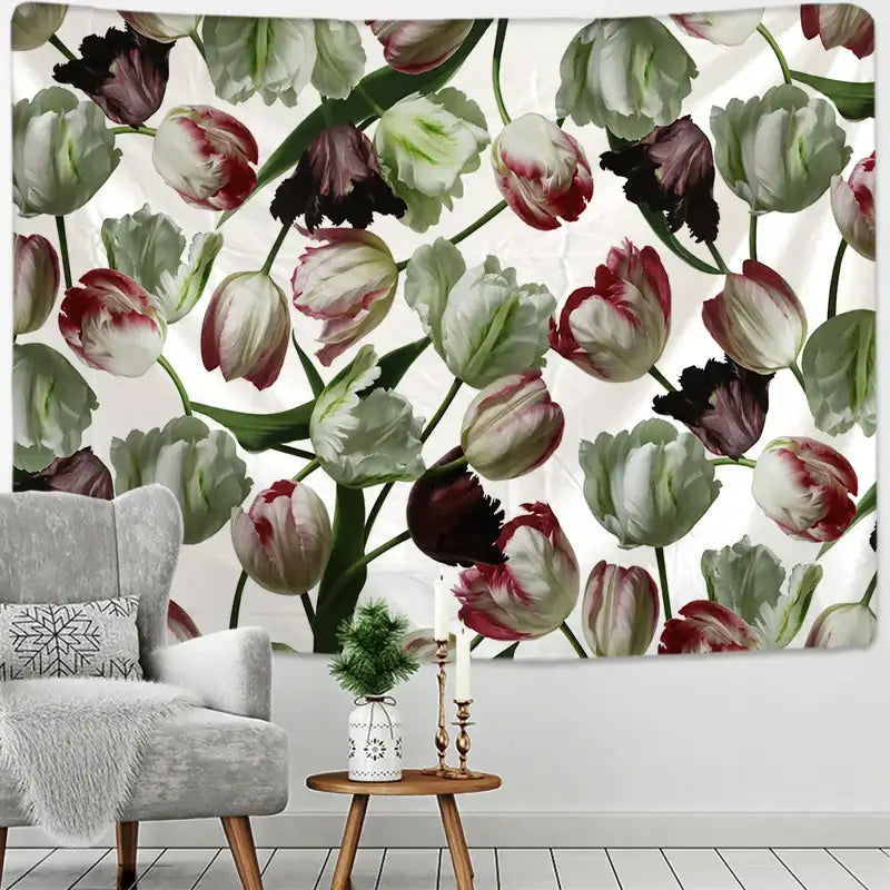 Decorbites botanical wildflower tapestry with vibrant white red and deep purple tulips on a light background for bedroom decor