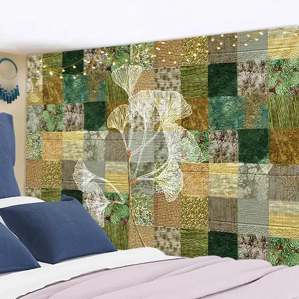 Modern botanical wildflower tapestry featuring a white line-art ginkgo tree on green and gold patchwork fabric decorbites botanical