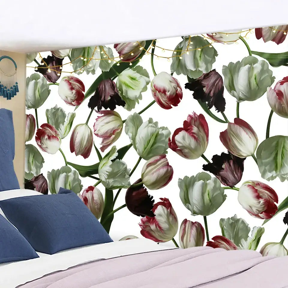 A decorbites botanical wildflower tapestry with vibrant white red and deep purple tulips on a white background for bedroom decor