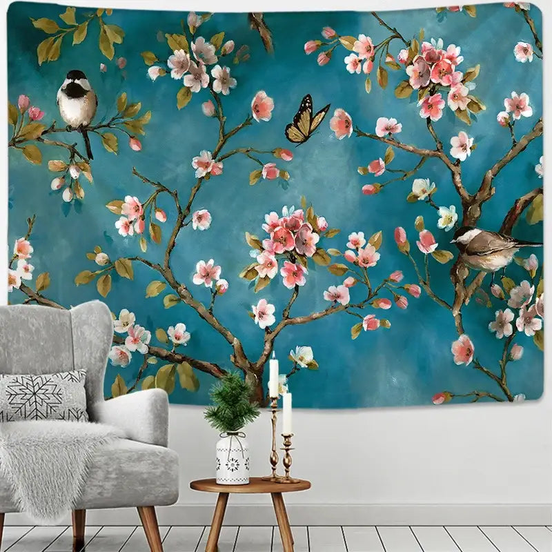 Decorbites botanical wildflower tapestry with teal background and blooming cherry blossoms for bedroom decor