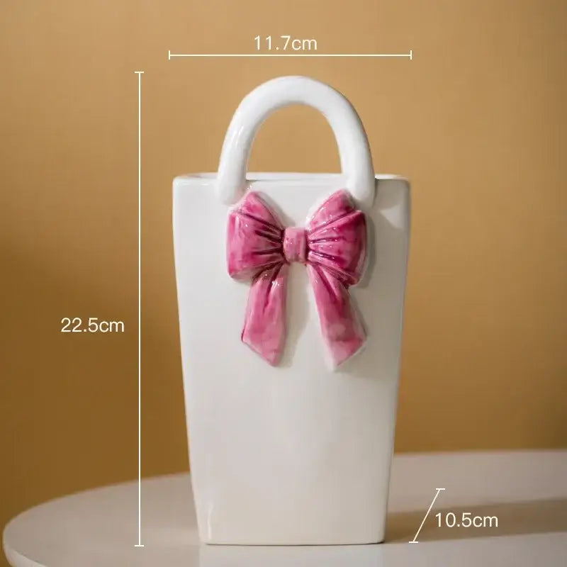 White ceramic vase handbag decor with pink bow and handle for living room by decorbites bowknot ceramic collection
