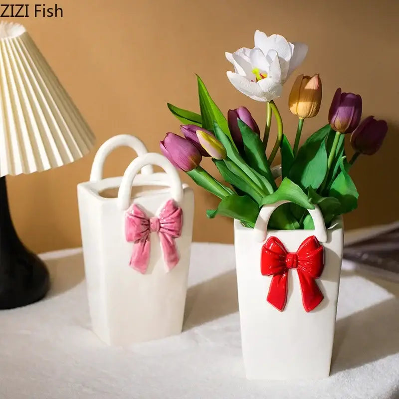 White ceramic decorbites bowknot ceramic vase handbag decorated with pink and red bows for living room decor
