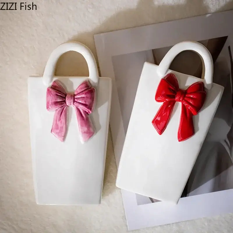 White ceramic decorbites bowknot ceramic vases with glossy pink and red bows for living room flower pot decor