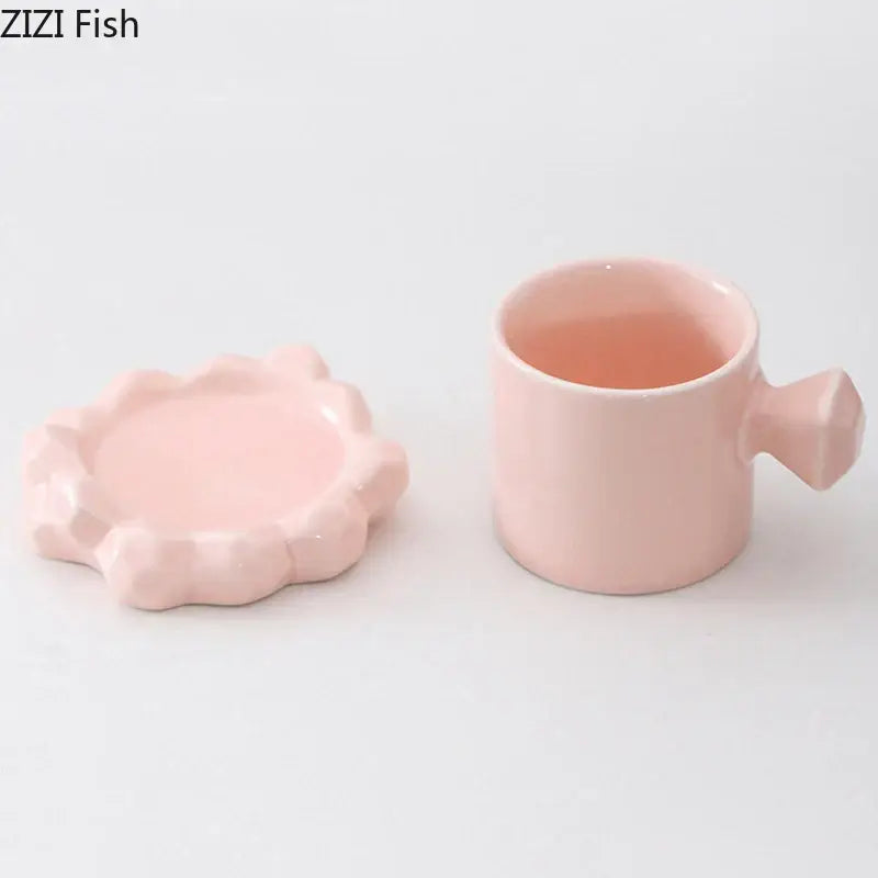 Pastel pink modern bowknot decor porcelain cup with matching flower-shaped glazed coaster from decorbites bowknot decor