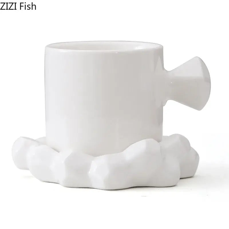 White ceramic decorbites bowknot decor porcelain cup with sculpted handle and cloud-shaped base for dining room use