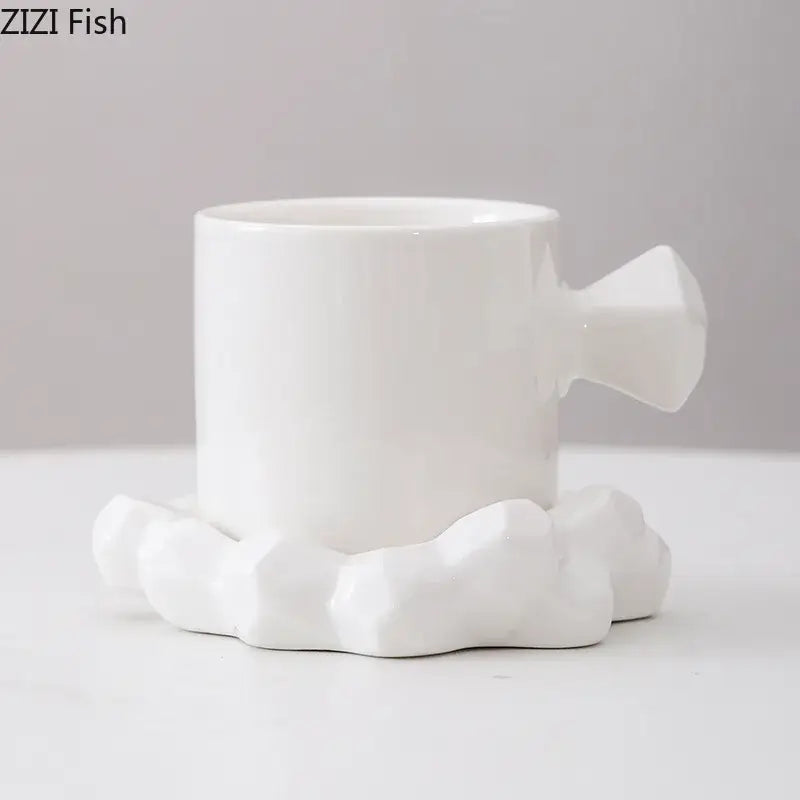 White ceramic decorbites bowknot decor porcelain cup with geometric handle and cloud-shaped base for dining room use