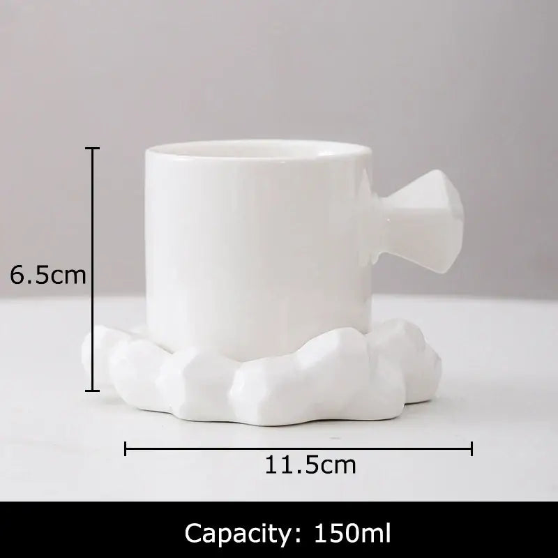 White ceramic decorbites bowknot decor porcelain cup with geometric faceted handle and cloud-shaped base for dining room use