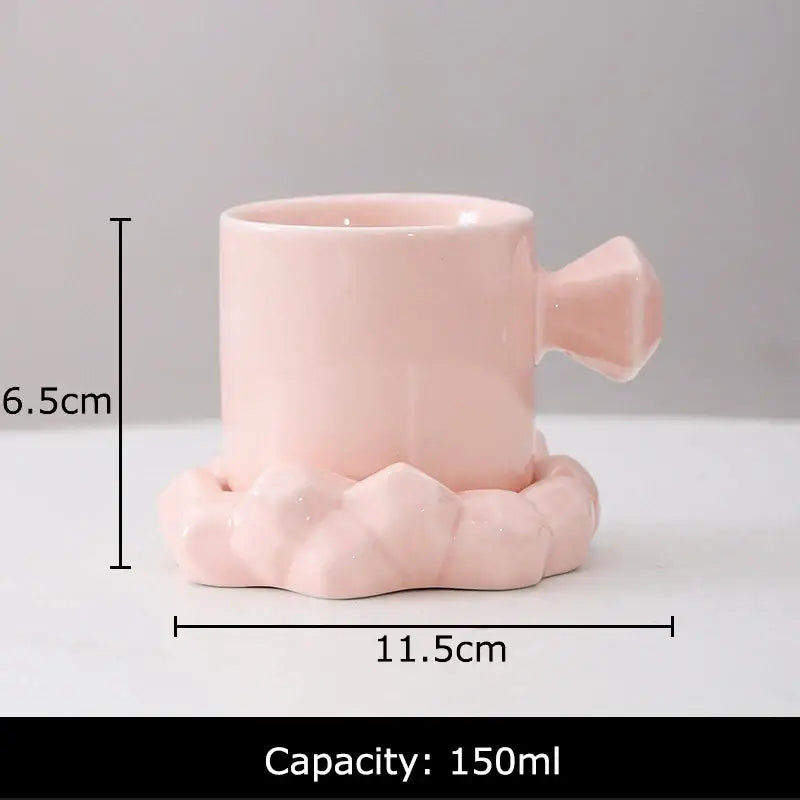 Modern bowknot decor porcelain pink ceramic cup with faceted handle cloud-shaped base 150ml decorbites bowknot decor