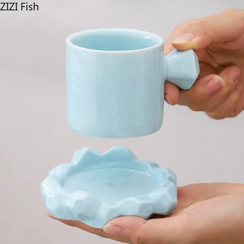 Light blue bowknot decor porcelain cup with matching geometrically faceted coaster from decorbites bowknot decor set